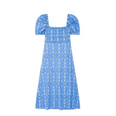 Square Neck Short Puff Sleeve Floral Cloud Midi A Line Dress