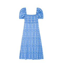 Square Neck Short Puff Sleeve Floral Cloud Midi A Line Dress