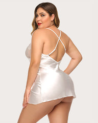 Plus Size V Neck Lace Satin Sleepwear