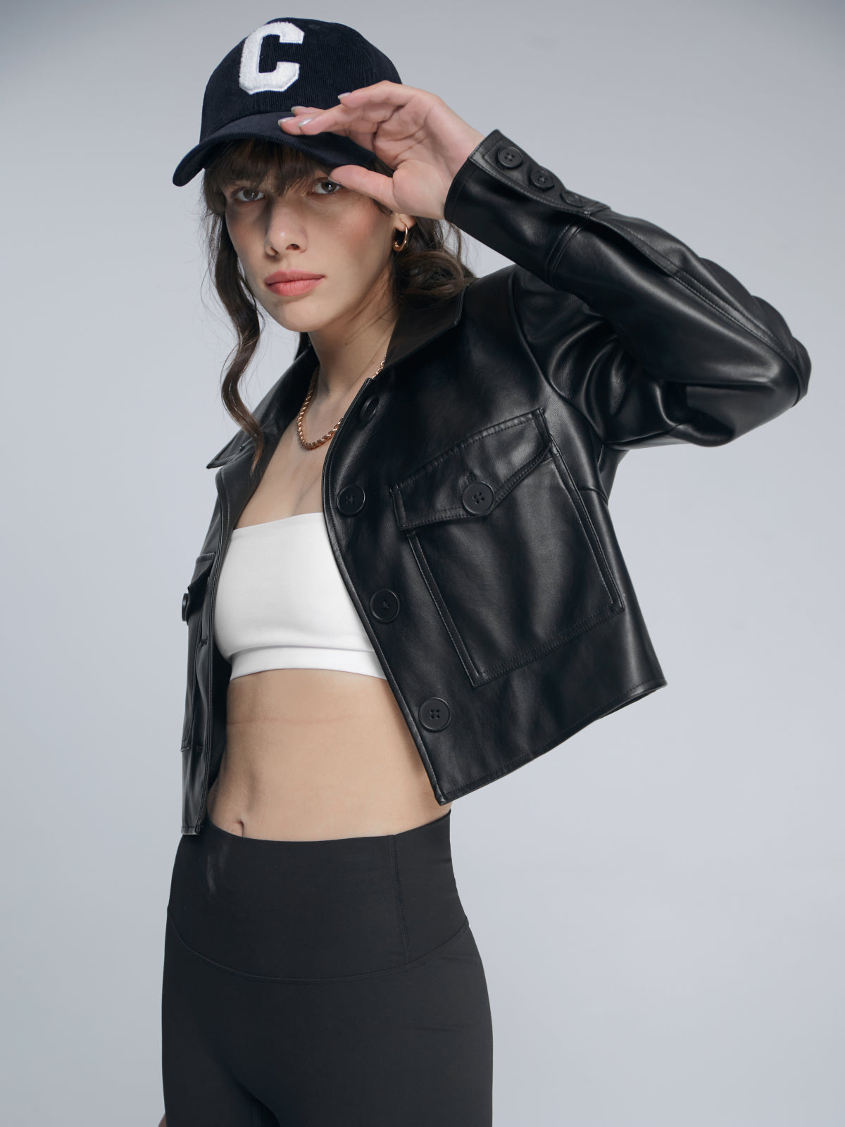 Cropped Double Front Pocket Leather Jacket