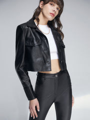Cropped Double Front Pocket Leather Jacket