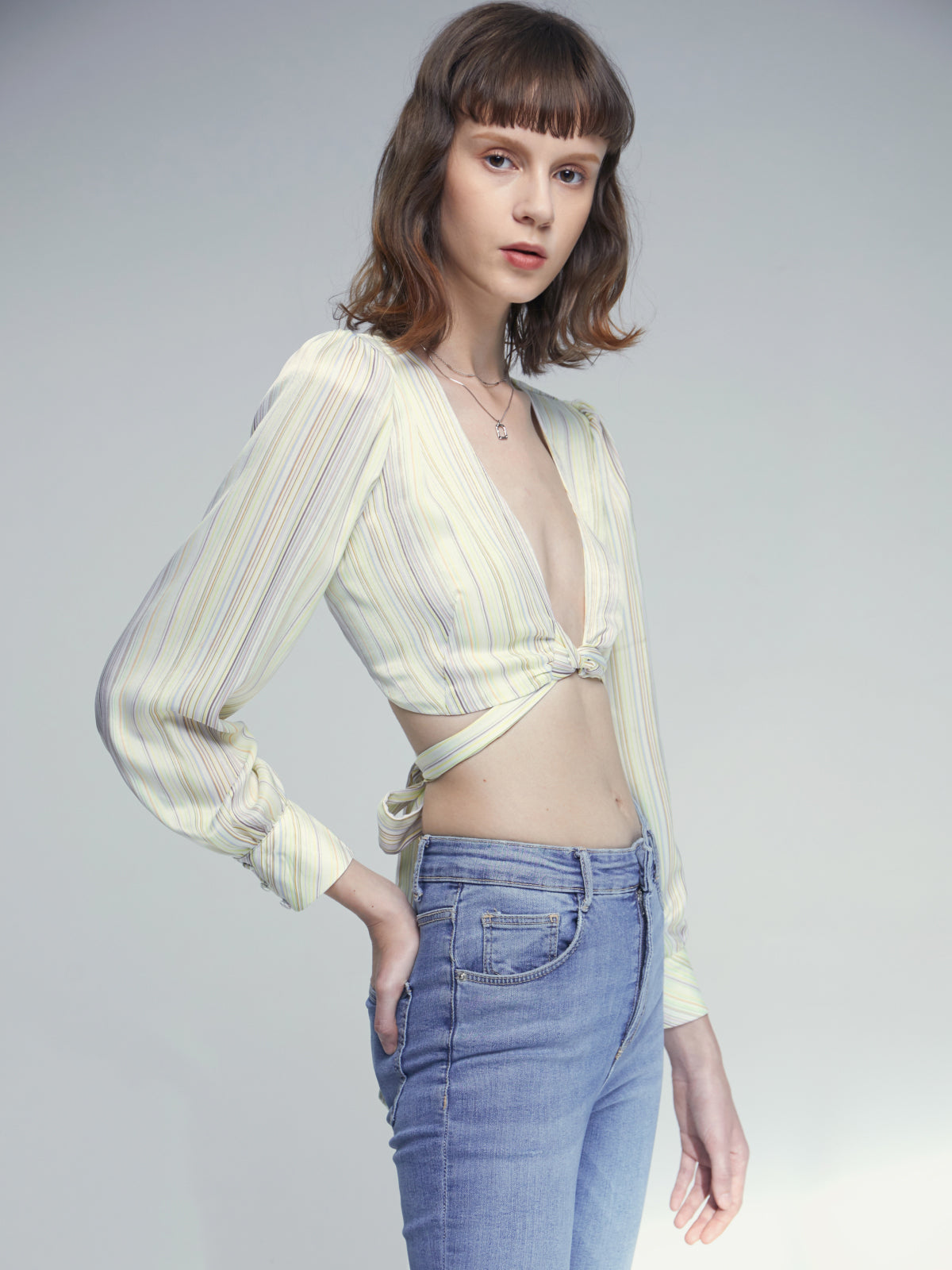 Twist Front Pointelle Design Long Sleeve Cropped Top