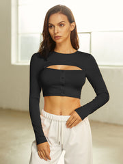 Cropped Long Sleeve Ribbed Cutout Top and Shrug