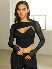 Cropped Halter Strap Corset Top With Mesh Shrug