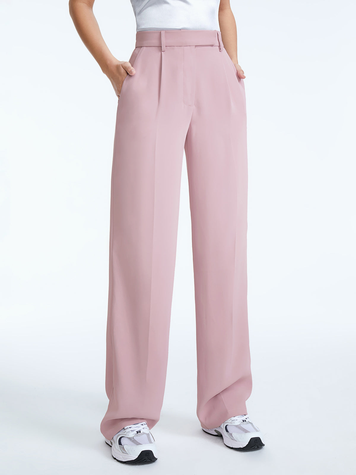 High Waisted Straight Leg Pleat Front Trousers