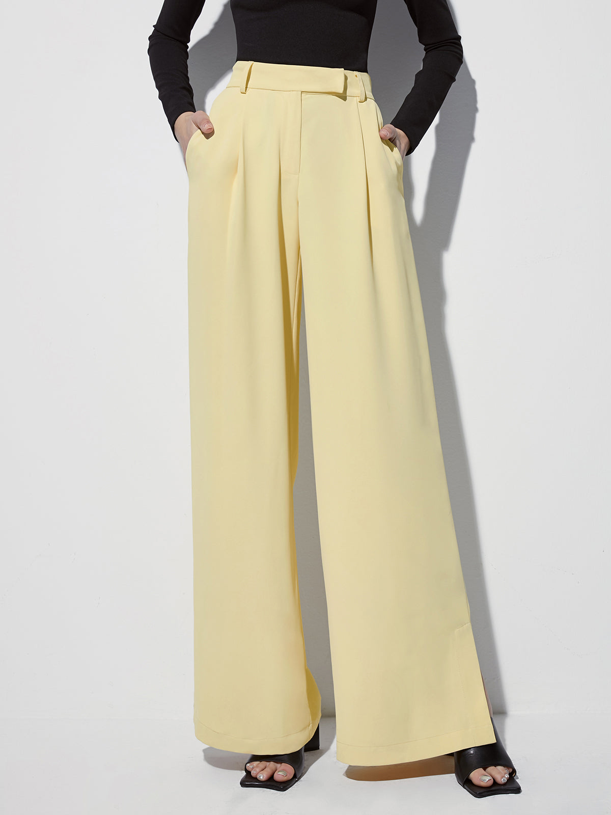 High Waisted Wide Leg Pleat Front Trousers