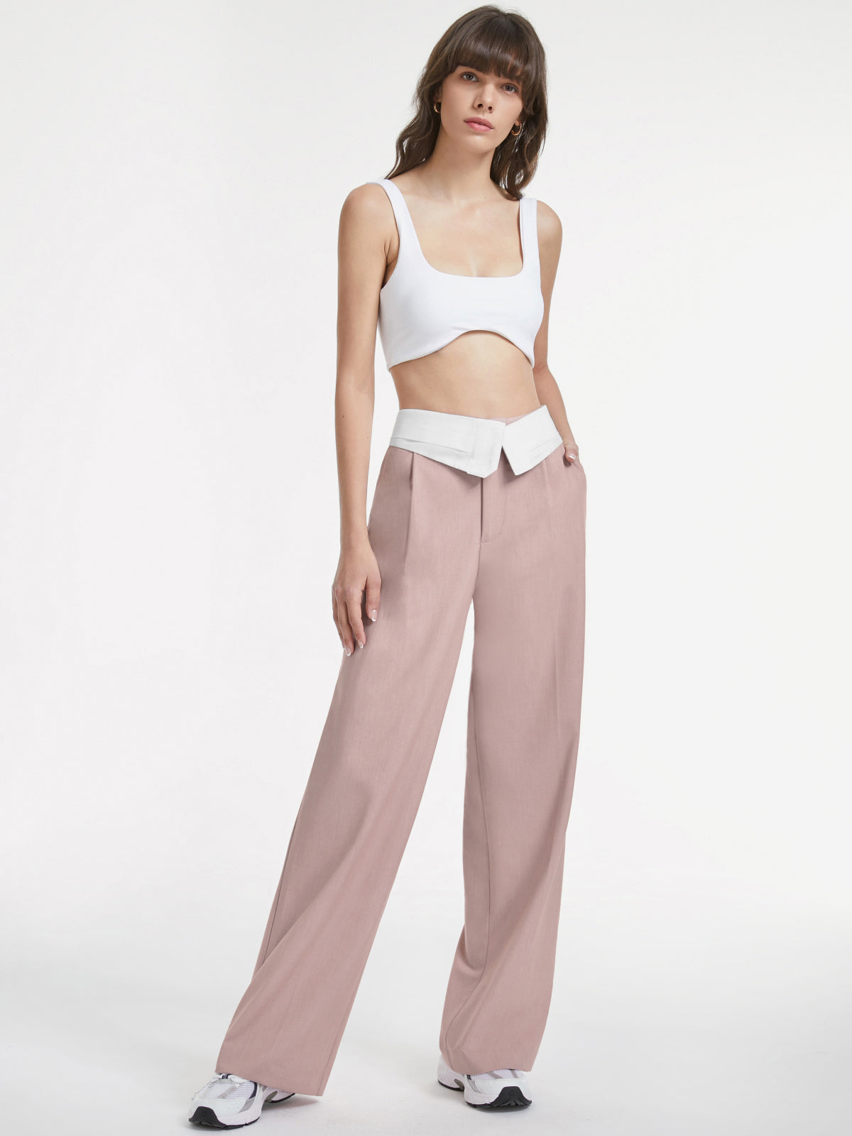High Waisted Wide Leg Trousers with Contrast Flap Waist Band