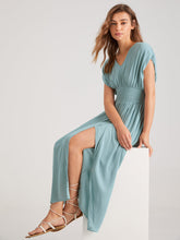 Solid Colored Shirred Slit Maxi Dress