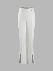 White Fuax Leather Slit Flared Pants