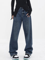 Patchwork Pockets Denim Wide Leg Boyfriend Jeans