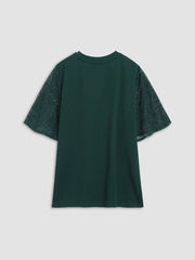Emerald Green Contrast Lace Flutter Sleeve T-Shirt