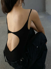 Solid Open Back Cutout Clip Bodysuit