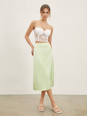 High Waisted Satin Midi Slip Skirt