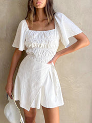 Cotton Puff Sleeve Wrap Short Dress
