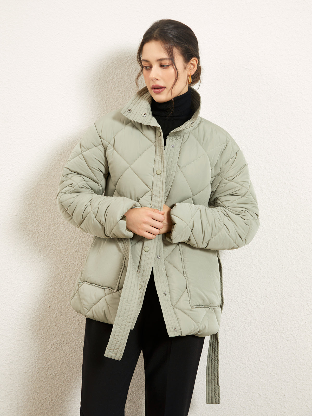 Stand Collar Puffer Quilted Trench Jacket