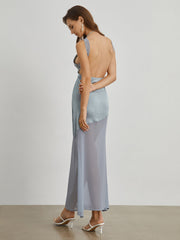 Open Back Satin Mesh Long Dress