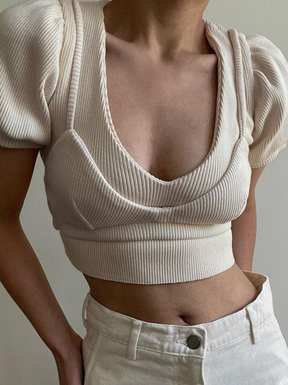 Double Layers Rib Crop Blouse