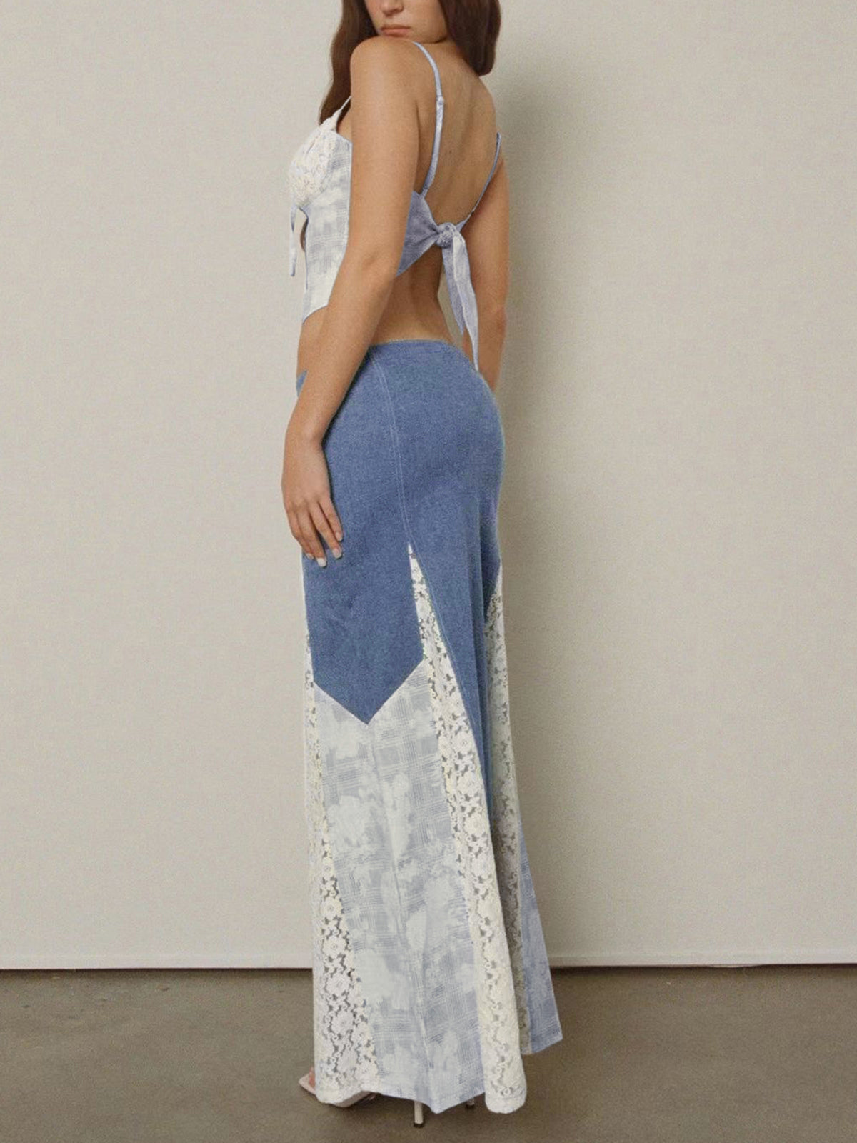 Patchwork Denim Floral Lace Two Piece Skirt Set