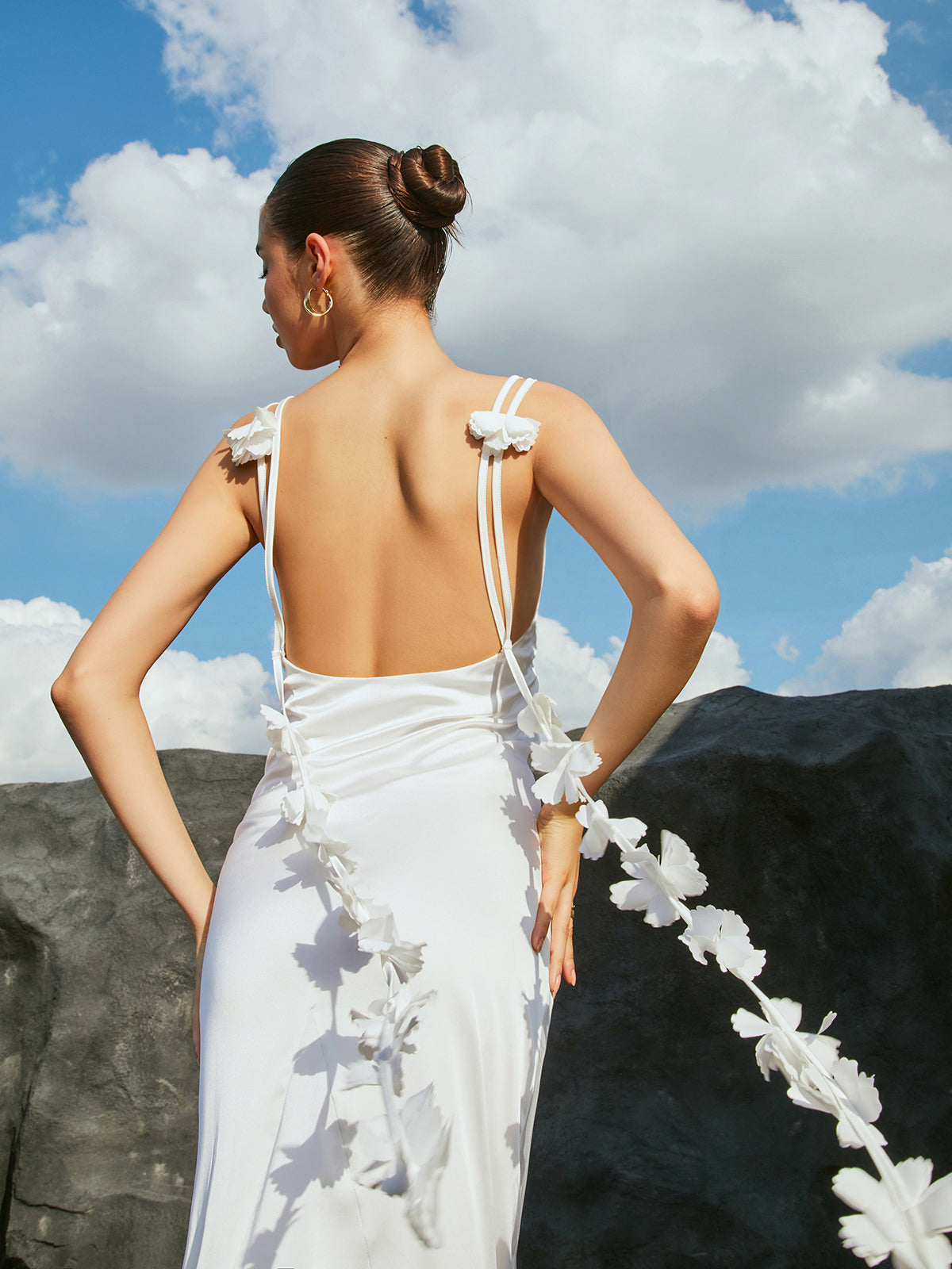 Gardenia Rosette Satin Open Back Long White Dress