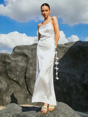 Gardenia Rosette Satin Open Back Long White Dress