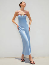 Satin Floral Trim Zippered Long Dress