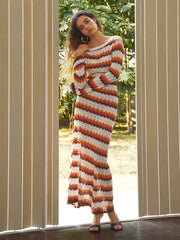 Tropical Stripe Open Back Long Sweater Dress