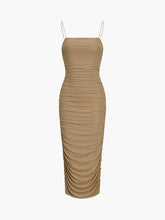 Cappuccino Ruched Glitter Mesh Midi Dress