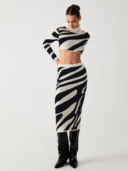 Zebra Print Mock Neck Crop Top Two Piece Skirt Set