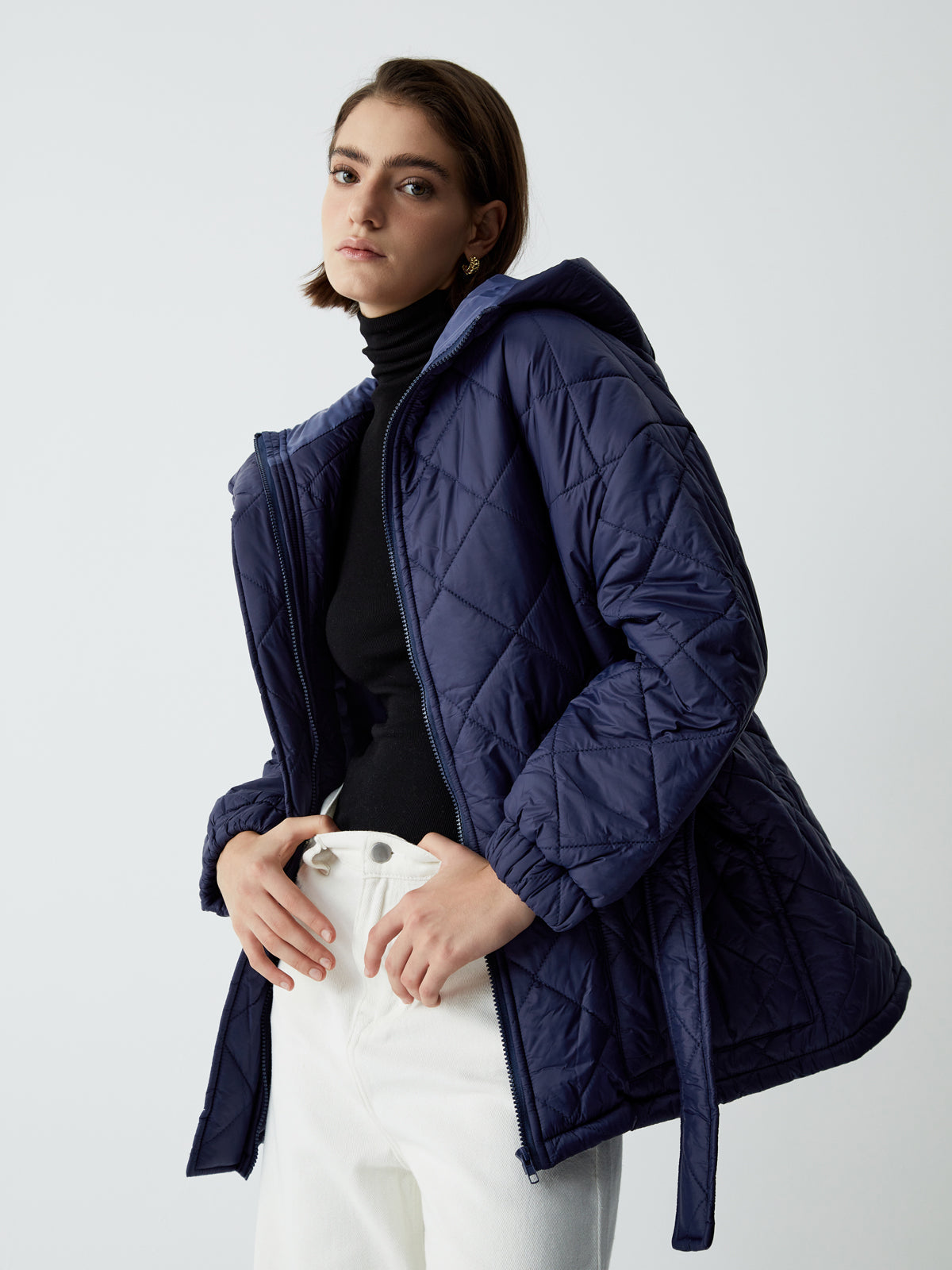 Tie Front Quilted Puffer Hooded Coat