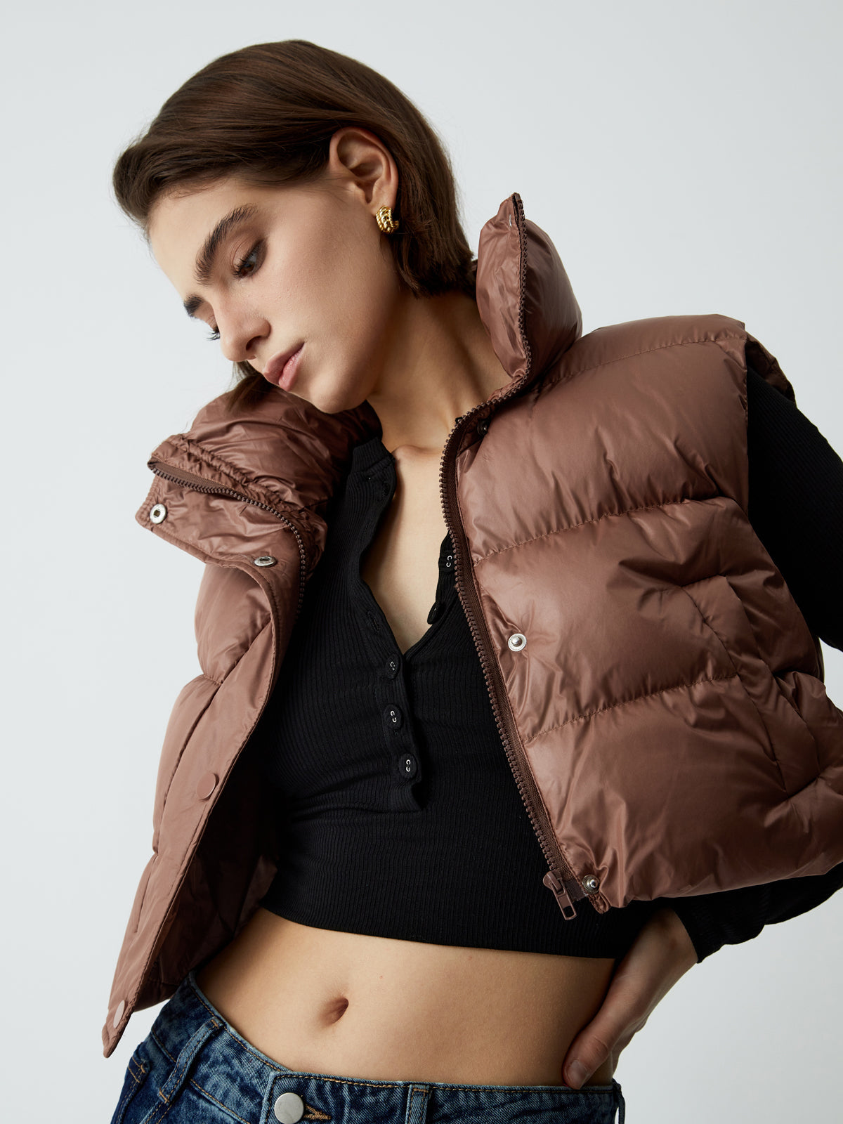 Stand Collar Quilted Puffer Crop Vest
