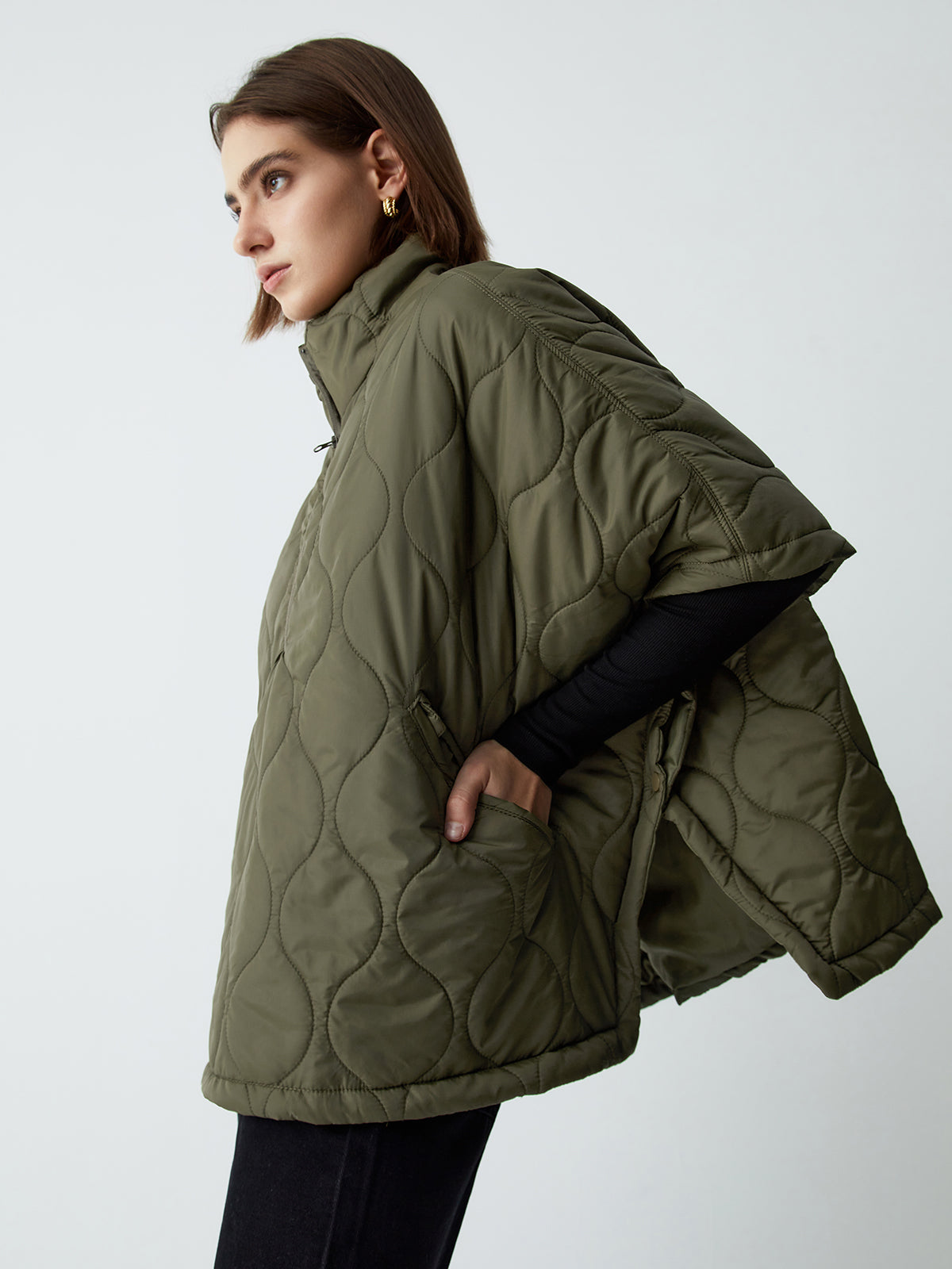 Stand Collar Quilted Puffer Cape Coat