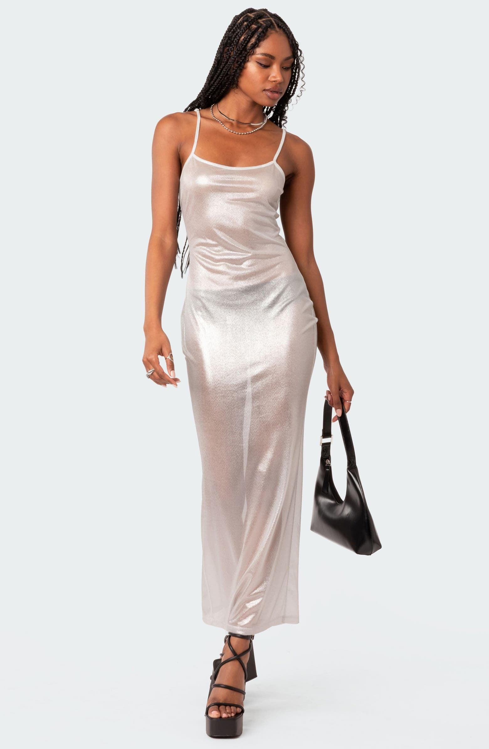 Centered Attention Sheer Metallic Maxi Dress