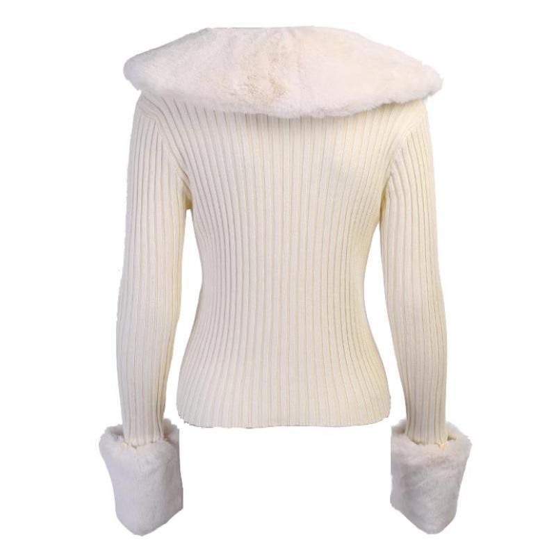 Try Your Luck Feather Collar Ribbed Cardigan