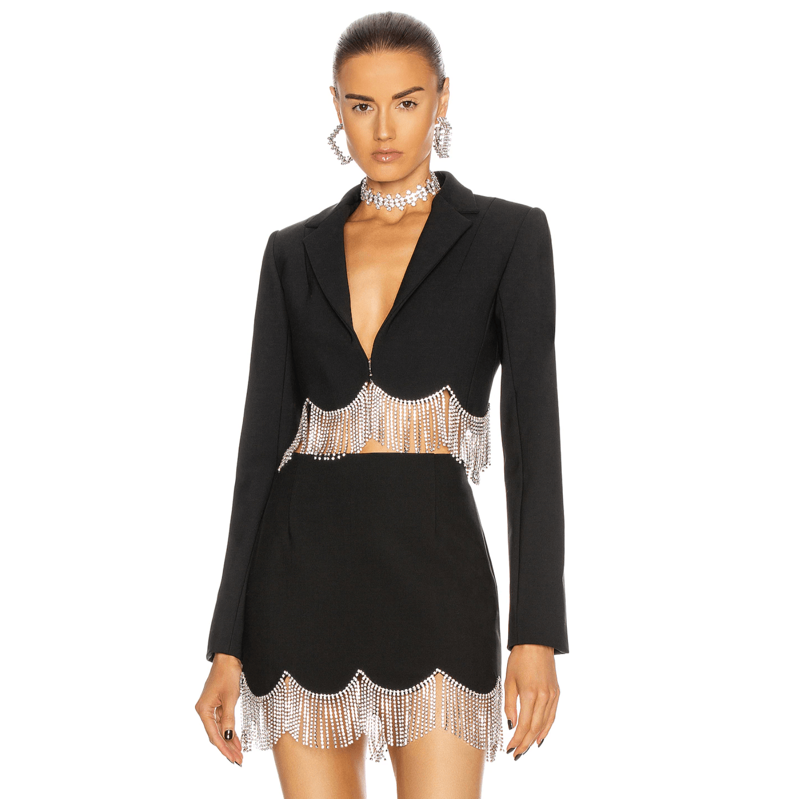 High Shine Nights Crystal Hem Blazer & Skirt Set