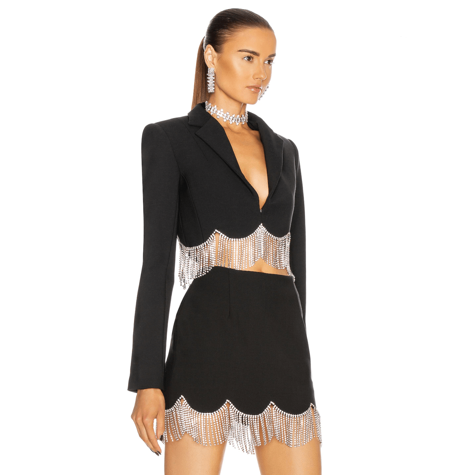 High Shine Nights Crystal Hem Blazer & Skirt Set