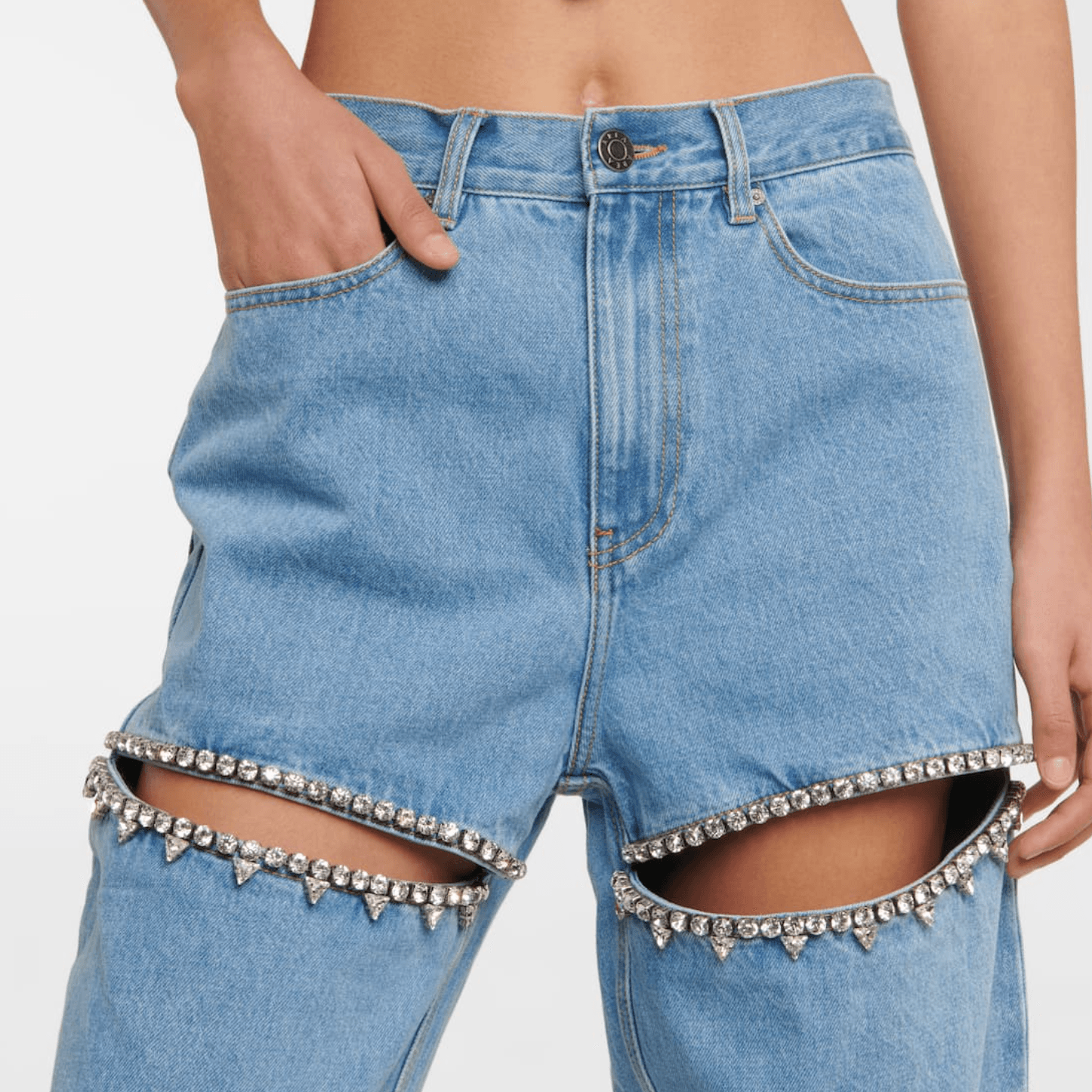 Fashionable Chic Embellished Cutout High-Rise Jeans