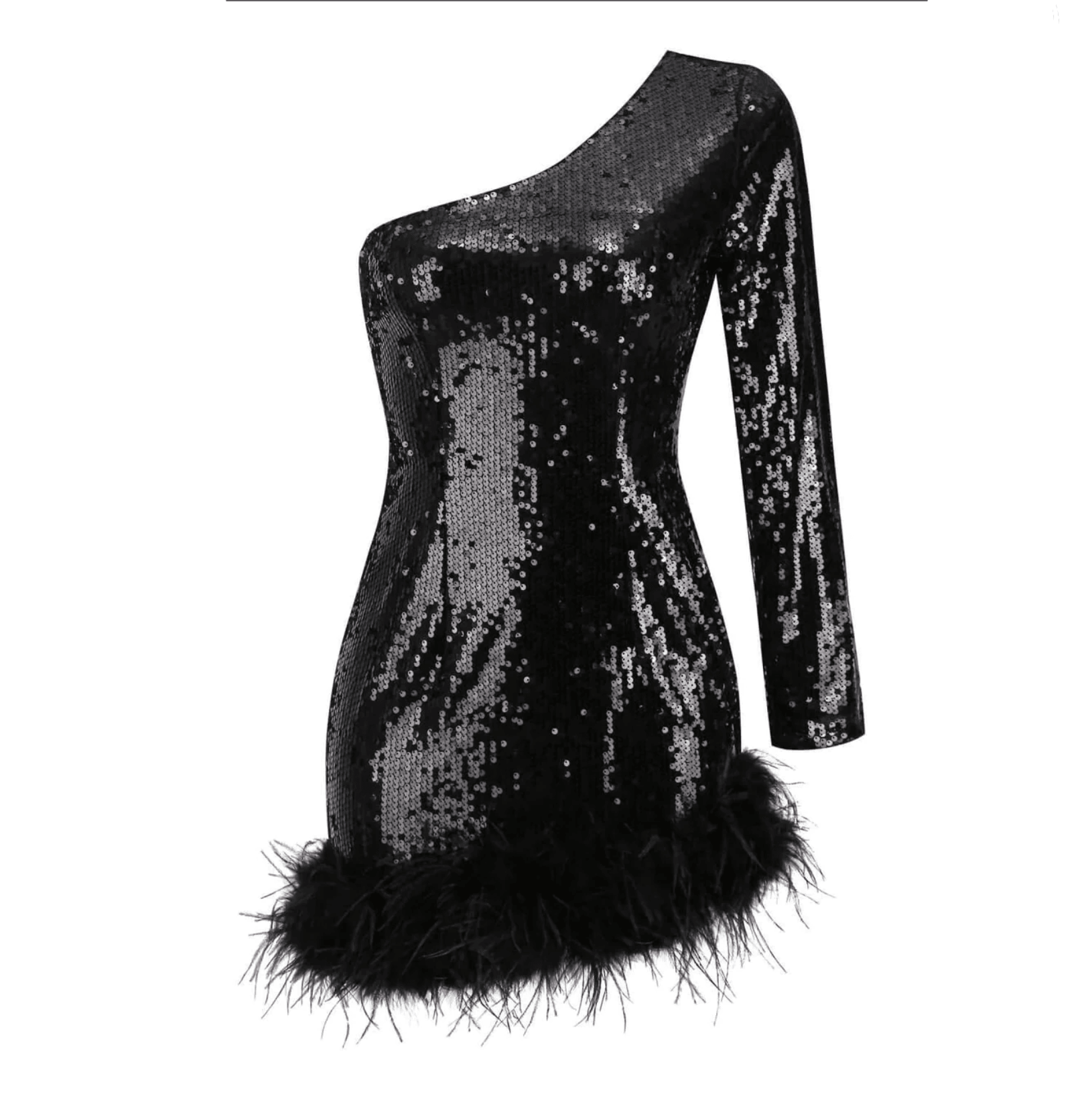 French Countryside One Shoulder Sequin Feather Mini Dress