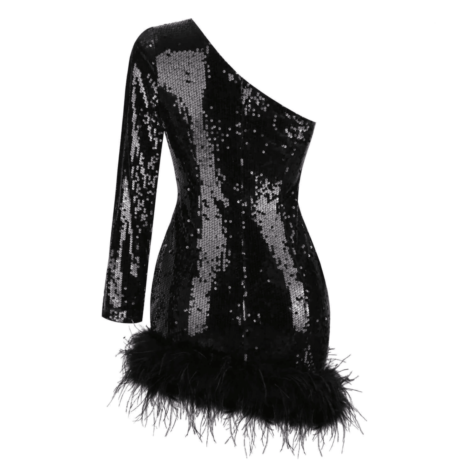 French Countryside One Shoulder Sequin Feather Mini Dress