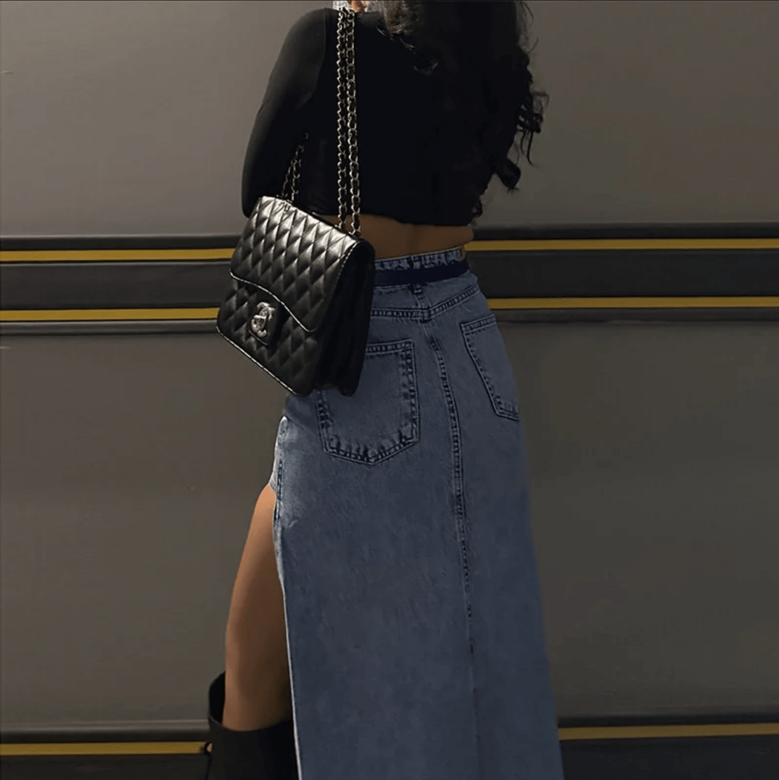 Denim Fortune High Waist Slit Midi Skirt