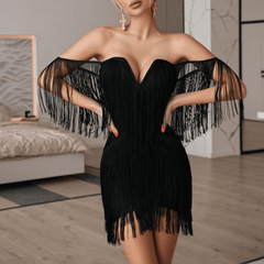 Exotic Cruise Tassel Off Shoulder Mini Dress