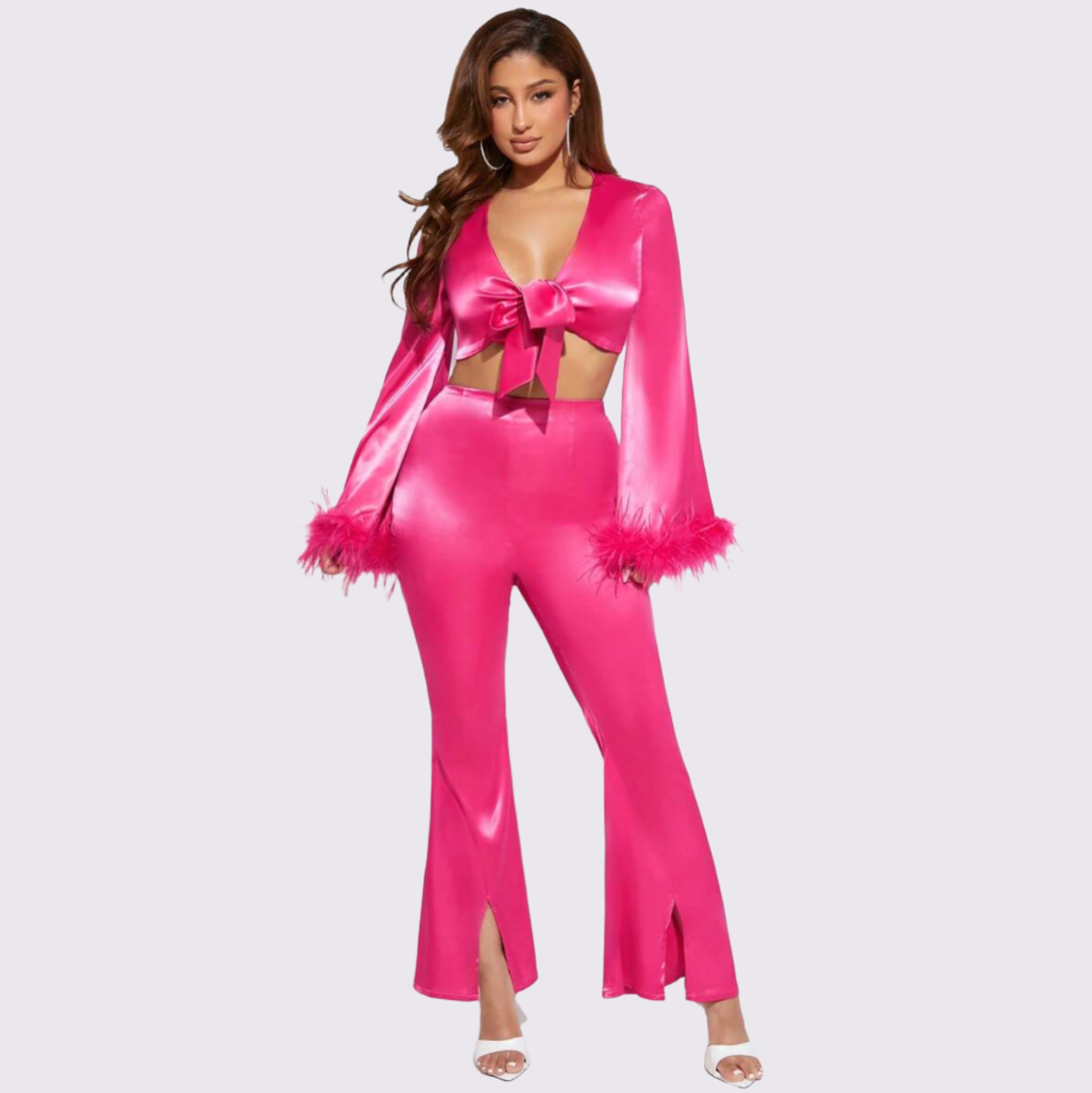 One Thing I Love Feather Sleeve Satin Two-Piece Set