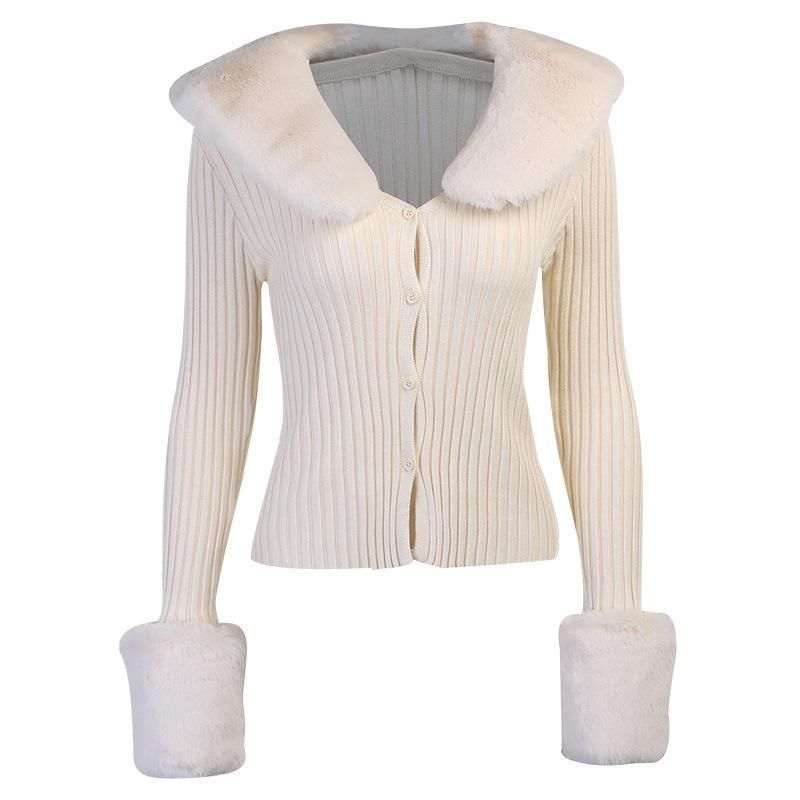 Try Your Luck Feather Collar Ribbed Cardigan