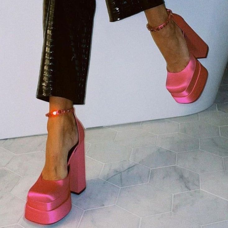 Runaway Double Platform Crystal Strap Satin Pumps