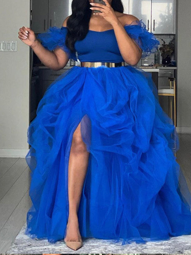 High Waisted Slit Tulle Skirt