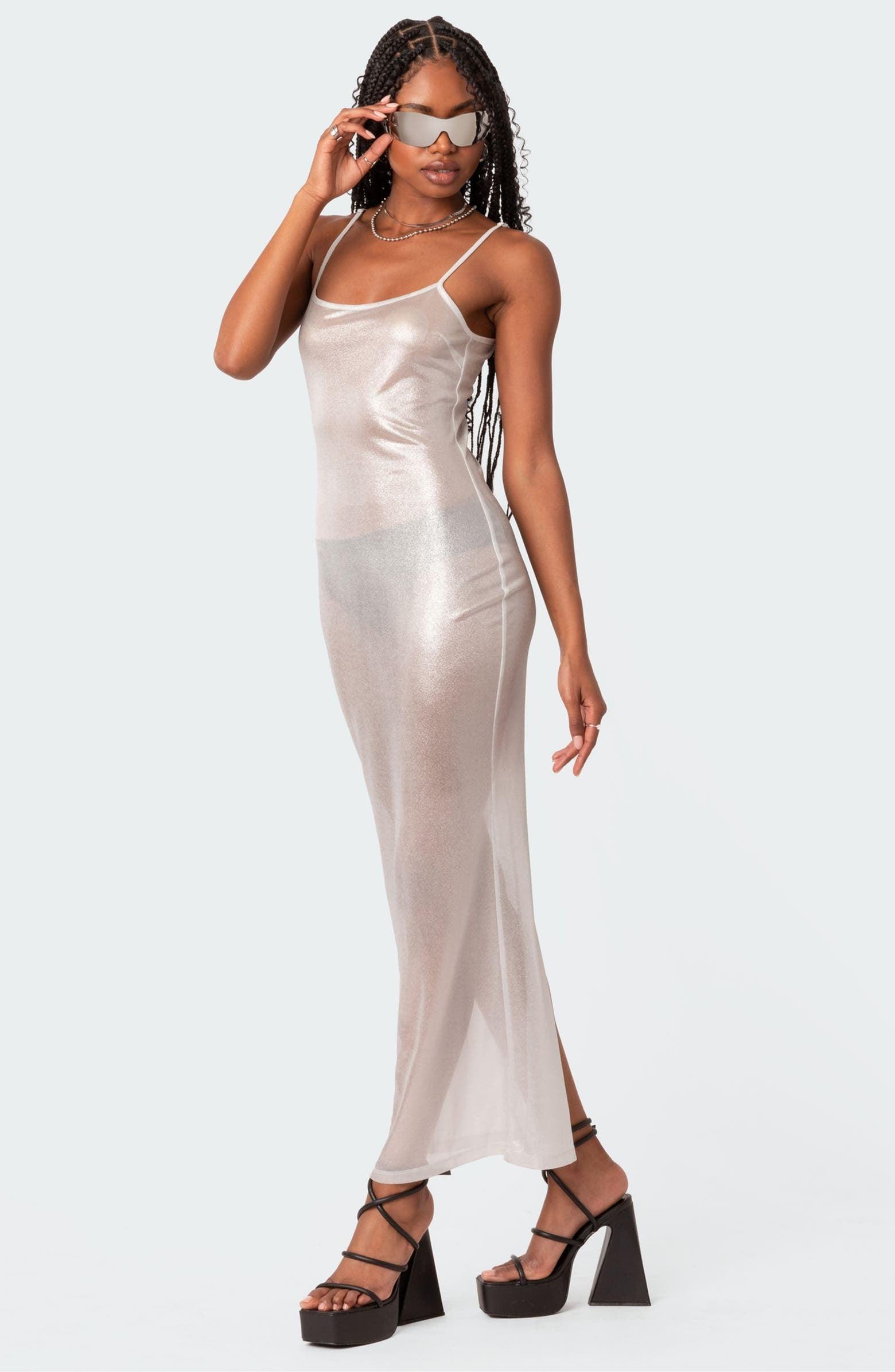 Centered Attention Sheer Metallic Maxi Dress