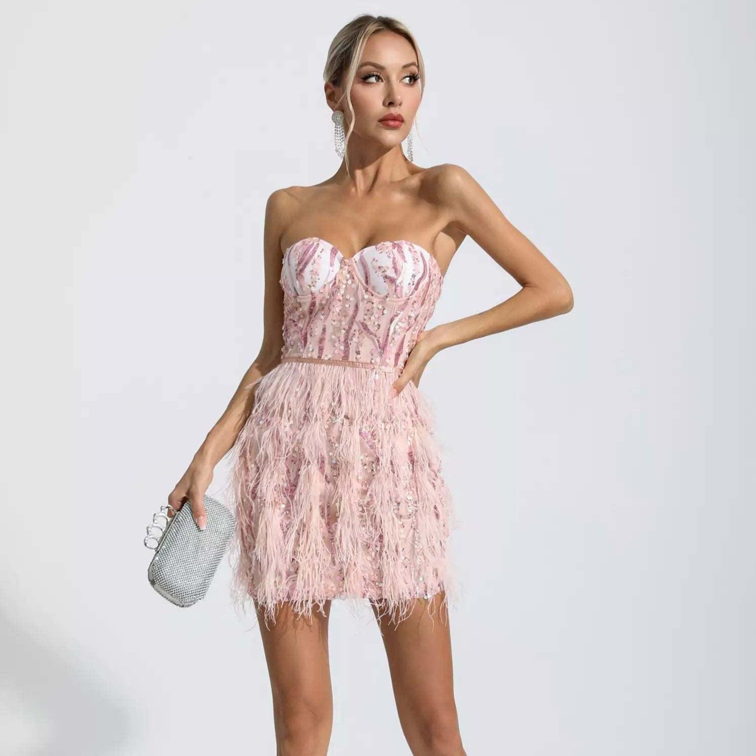 Envious Lies Sequin Feather Fringe Mini Dress