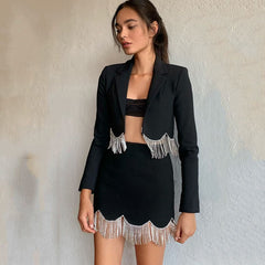 High Shine Nights Crystal Hem Blazer & Skirt Set