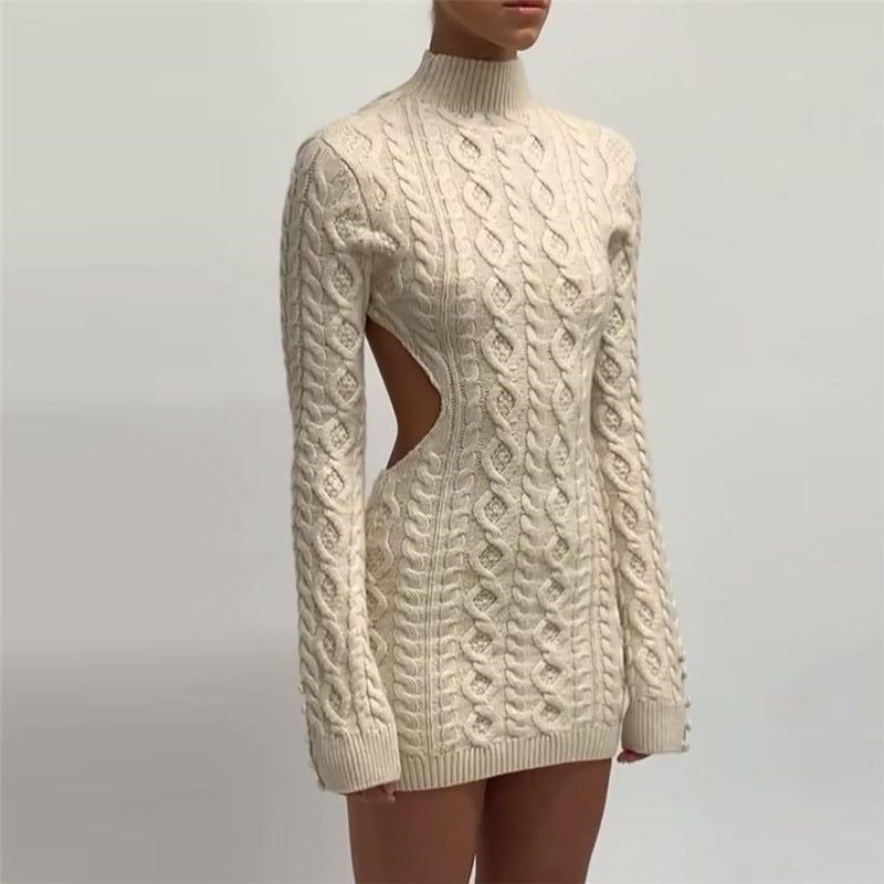 One Step Knitted Long Sleeve Backless Mini Dress