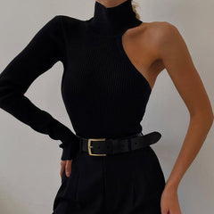 More To Make Knitted Turtleneck One-Shoulder Bodysuit