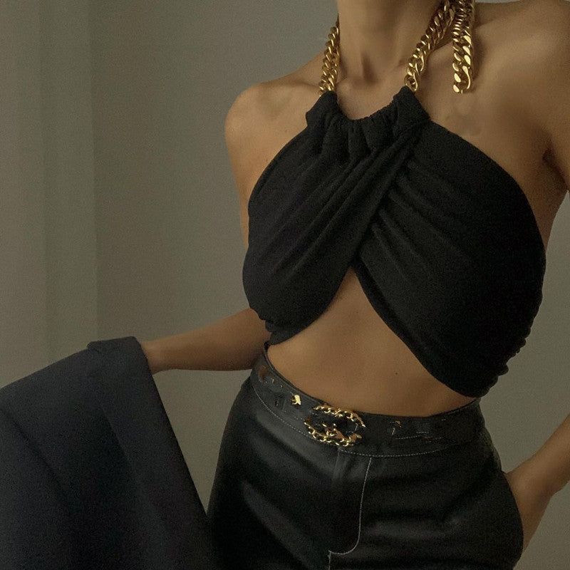 On Days Like These Cropped Twisted Halterneck Chain Top